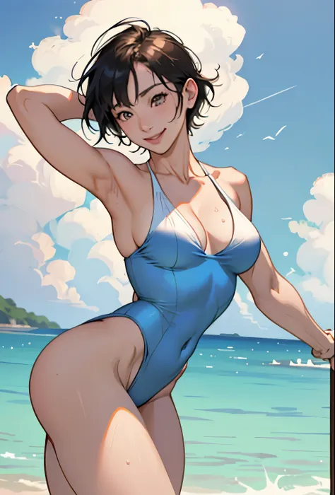 Realistic、Face reality、With a girl、Swimwear、Sexy smile、My breasts have gotten a little bigger、Sexy pose、From the front it looks like a one-piece, but from the back it looks like a mono bikini、