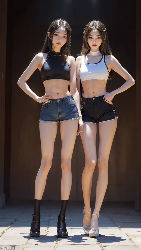 (8K、Raw photo、最high quality、masterpiece:1.5),(((((((Both of them stand with their legs apart:1.9))))))),(((((Both of them have an inseam that is more than half their height.:1.8))))),((Both have bare legs:1.6)),((Both of them are super slim:1.4)),(((((Two ...
