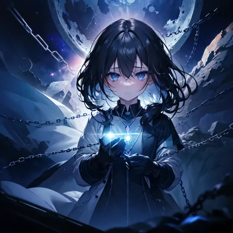 (((Pulled by chains)))　((High resolution　Black Hair　Long Hair　Dull blue eyes　uniform　Lonely　despair))　((necklace　tears　gloves))　(night　Distorted Space-Time　star　moon　)　Catch the wind　Light