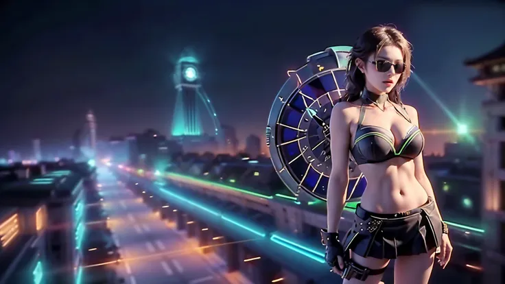 (aerial view). at night, futuristic sci-fi cyberpunk city, broad viaduct, skyscrapers at the end of the viaduct, the movie "13th Floor" style, (((((voltex-spirit-spreading giant clock tower as time machine))))), hq. Matrix style, at night, (1girl, solo), p...