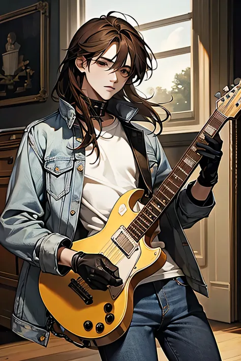 masterpiece, best quality, solitary, male, sunshine Boy, White lingerie，denim jacket, jeans, Black leather gloves with chain ,Medium Length Hair, Dark brown hair, Black eyes ，Guitar in hand