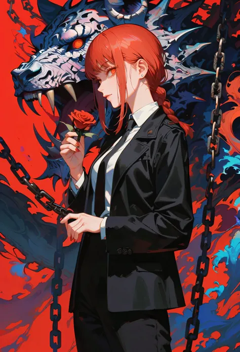 Style 9，1woman, makima (chainsaw man), some chains in background, black jacket, black necktie, black pants illustration，red background，whole body，holding a red rose in hand，profile，view at viewer, red eyes, high detailed wallpaper, high quality, masterpiec...