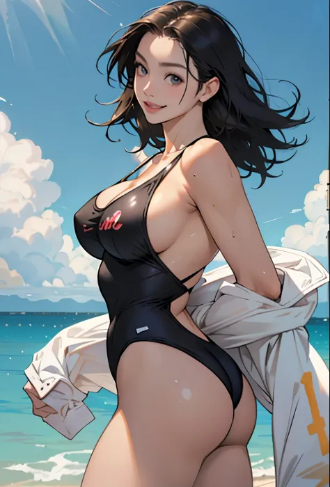 Realistic、Face reality、With a girl、Swimwear、Sexy smile、My breasts have gotten a little bigger、Sexy pose、From the front it looks like a one-piece, but from the back it looks like a mono bikini、