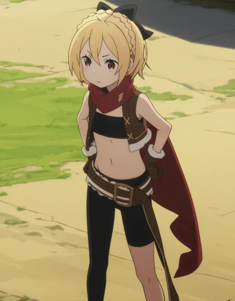 score_9, score_8_up, score_7_up,source_anime, anime screencap,
BREAK
Felt, crown braid, flat chest, brown vest, bandeau, brown gloves, midriff, black pants, (asymmetrical legwear:1.1), (single pantsleg:1.1), (red scarf:0.8), brown belt,