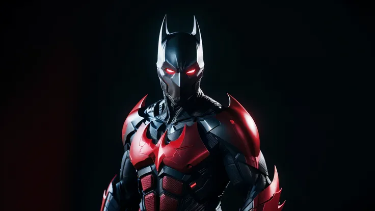 cinematic film still of  batman cyborg a man in a red costume standing in front of a black background, shallow depth of field, v...