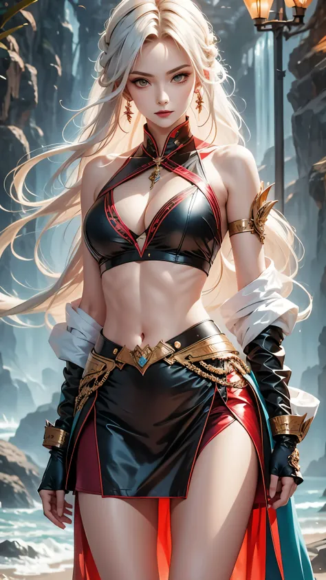 A high resolution rendering of a fierce woman, standing solo with her hips slightly tilted, her detailed face exuding confidence and strength. Her long white hair is adorned with delicate braids, and she is dressed in a striking army suit with a short skir...