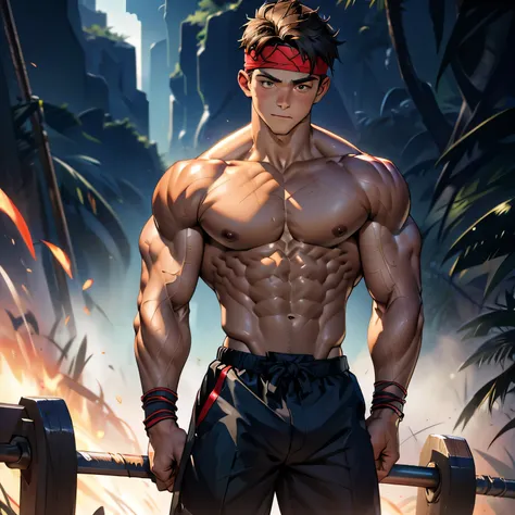 (Masterpiece, Best quality 17 year old boy, black background, cowboy shot, looking away), ((((solo, be tied behind his back)))), Young, boy, muscler, Shirtless, (Dark Short straight hair, almost completely shaved hair, under cut, brown eyes), (red headband...