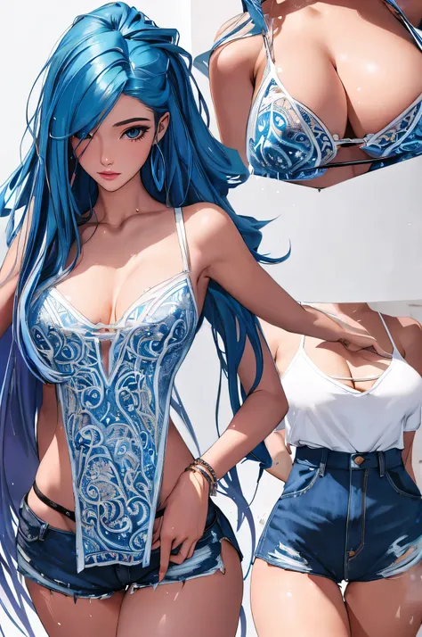 (best quality: 1.2), clean face, (masterpiece: 1.2, 8k) perfect anatomy, 1girl,a beautiful fashion model ,(masterpiece, official art, best quality ,long and shiny hair, blue hair with streaks in hair, long hair, full lips, slender body, slim body big breas...