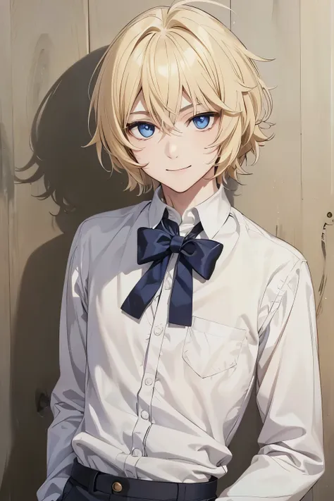 1young man,Werewolves,smile,18 years old,guy,messy hair style,blonde hair, white shirt,short hair, white trousers,ultra detail, perfect face, hd face, detailed face, masterpiece ,blue eyes, close up photo