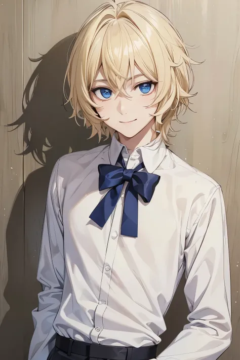 1young man,Werewolves,smile,18 years old,guy,messy hair style,blonde hair, white shirt,medium hair, white trousers,ultra detail, perfect face, hd face, detailed face, masterpiece ,blue eyes, close up photo