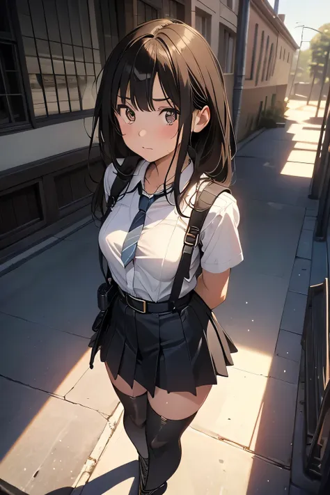 high quality, masterpiece, Ultra-high resolution, (realism: 1.4), Oil painting style, Cinema Lighting, , I stood on the empty asphalt road and looked at it., And the suspenders with the cranes flying　　Large Breasts　 　 　　　　Small face　 　　　holster　　　　　　　 Lyin...