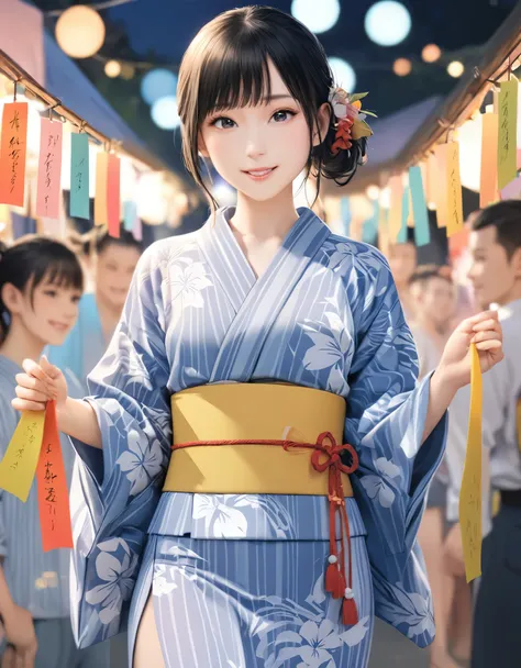 (best quality:1.2), 1girl, yukata, tanabata festival, cowboy shot, shoot from front