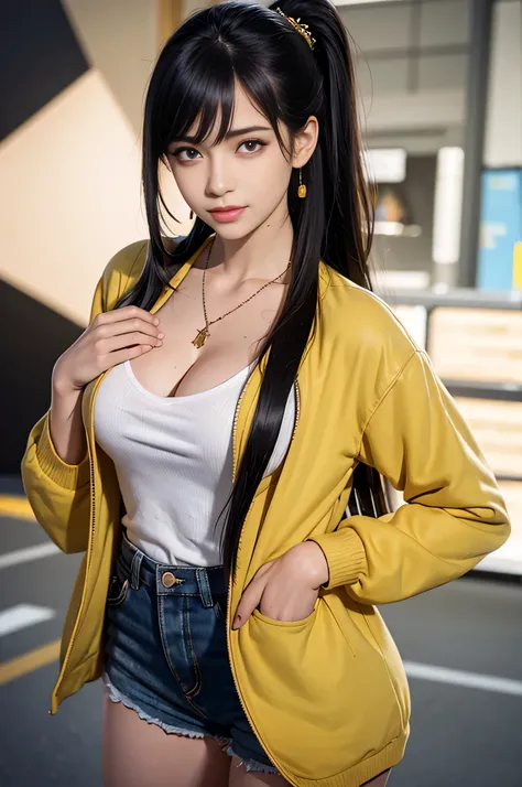 realistic, 1 women, best quality, 12k, HD, long hair, big round breasts, cleavage, ponytail, necklace, jewelry, shorts, short jacket, slim hips, hair tie, yellow eyes, black hair, super detailed, Eye details, hair details, person details, mouth details, fa...