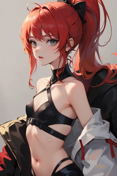  ((best quality)), ((masterpiece)), (detailed), NSFW, small breasts, prominent collarbones, skinny arms, flat stomach, visible hip bones, long hair, red hair, white hair, blonde hair, dark hair, ponytail, thick ponytail, heavy ponytail 