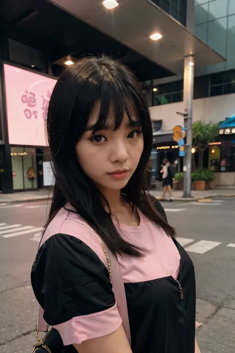 A Thai girl with bangs and black hairs in black and pink outfit 