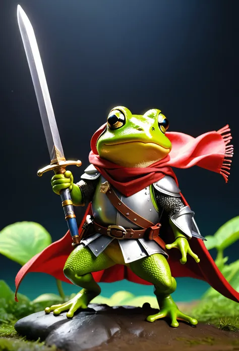 knight frog, Cool frog, Pop frog, Diorama、simple background,Bandana,He is holding a big sword in his hand, Brave, Cape, Best quality, Capture the sweetest moments, Depth of written border, Super detailed, ultra high Resolution, Octadale, 8k, 16km race