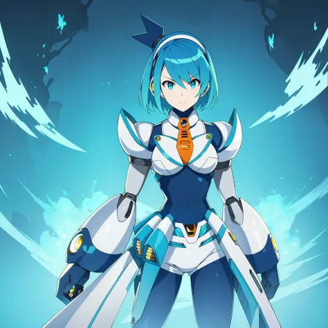 rico_megamanxdive, 1girl, solo, blue eyes, short hair, blue hair, android, high quality, masterpiece, standing with green flames coming from a tree