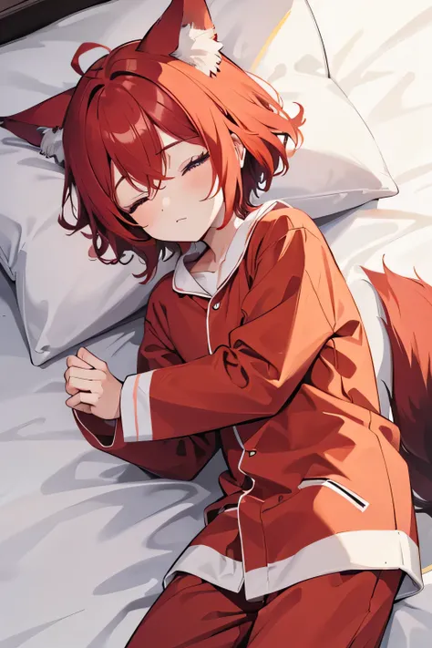 A boy with red hair and wolf ears sleeping in pajamas with his eyes closed under the covers