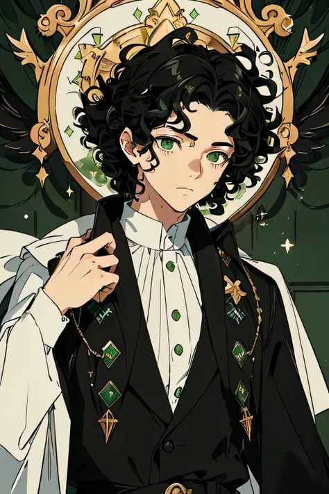 1boy, (((boy with green eyes, curly black hair))), rich in detail, 4k, (((masterpiece, best quality, aesthetic, heavenly)))
