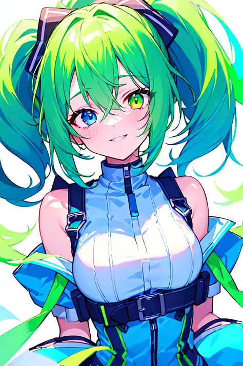 [(WHITE BACKGROUND:1.5),::5], ((((masterpiece)))), high quality, very_high_resolution, large_filesize, full color, ((girl)), 15 old year, (short neon blue and green two gradation hair), short ponytail, vivid color, neon blue and green heterochromic eye, ci...