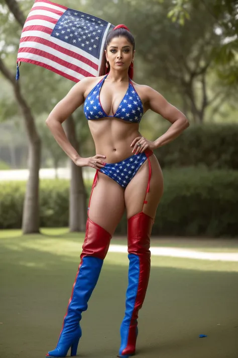 Full body photo of SEXY 50YO MATURE MILF AISHWARYA RAI as FITNESS MODEL, (ponytail tied hair), ((red and blue US flag bikini)), ((high boots)), (((seductive pose outdoors on 4th of July))), day scene, curvaceous mature hourglass figure, look straight at ca...