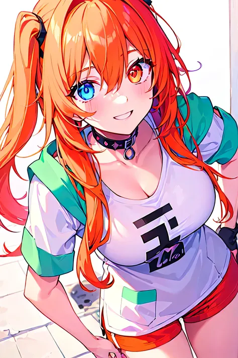 [(WHITE BACKGROUND:1.5),::5], ((((masterpiece)))), high quality, very_high_resolution, large_filesize, full color, ((girl)), 15 old year, (short neon orange and pink gradation hair), spiked long hair, vivid color, neon blue and green heterochromic eye, civ...