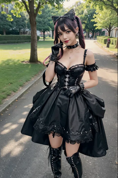 sexy stylish female model, only 1 female, ((doll-like appearance)), long stylish hair, ((shiny Punk-Style boots)), (happy smile), ultra detailed eyes, long lashes, metallic makeup, lip-gloss, ((sexy Punk Lolita cosplay)), unconventional skirt, petticoats, ...