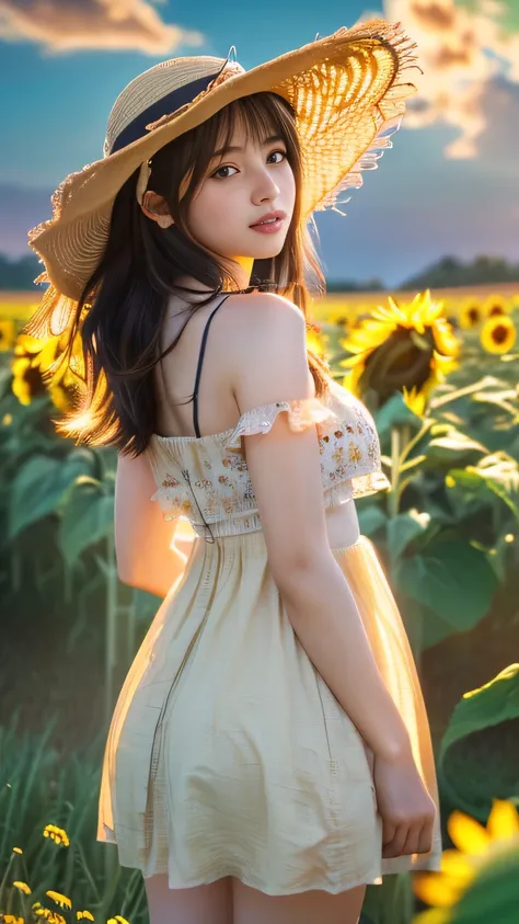 (Highly detailed CG Unity 16k wallpaper:1.1), (Noise reduction strength: 1.45), (tTabletop:1.37), ((A girl in a straw hat looking back in a sunflower field), (Best lighting, Best Shadow, Very delicate and beautiful), The girl in the center of the picture, ...