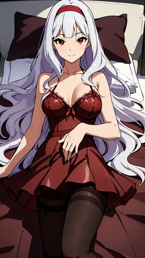 CG, unity, 8k, dakimakura medium, highest quality, masterpiece, Lovely lady, takane shijou, long white hair, white skin, BREAK, lingerie, (dark red pantyhose: 1.5), No shoes, best lighting, complex pupils, complex textile, Lying in bed