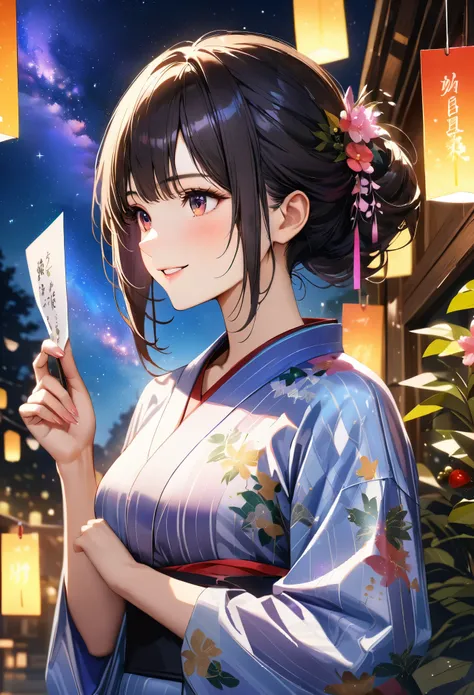 Tanabata,night, milky way,Yukata, Hold a paper strip in one hand,Looking at the sky,Blur the background,high school girl,smile,Glitter effect,Highest quality, 8K, High resolution, masterpiece:1.2, Very detailed, Realistic:1.37, High resolution, 超High resol...