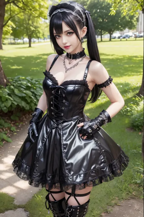 sexy stylish female model, only 1 female, ((doll-like appearance)), long stylish hair, ((shiny Punk-Style boots)), (happy smile), ultra detailed eyes, long lashes, metallic makeup, lip-gloss, ((sexy Punk Lolita cosplay)), unconventional skirt, petticoats, ...