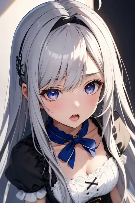 {{{masterpiece}}}, {{{Highest quality}}}, {{Super detailed}}, {beautiful, 細かいeye}, One girl, alone, ((Gray Hair)), Very long hair, 青いeye, (Straight hair), (bangs), choker, Ahoge, tooth, (Blue X Hairpin), (Cute maid outfit), Shocked, beautiful,eye, Surprise...