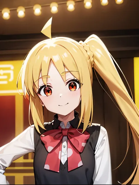 blonde_hair, long_hair, bangs, side_ponytail, look at viewer, ahoge, red_eyes, bow, red_bow, smile mouth, face of happiness