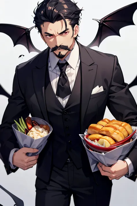 demon butler, middle aged man carrying food, goatee and mustache, Strict black suit, Red eyes