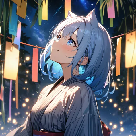 Best quality, masterpiece, Wishing Girl,light blue hair,blue eyes,wolf cut hair,cat ear,smile, looking up at the sky, yukata, Milky Way, night view, Tanabata Festival, large tall bamboos and colorful hanging decoration,gold light particles effect