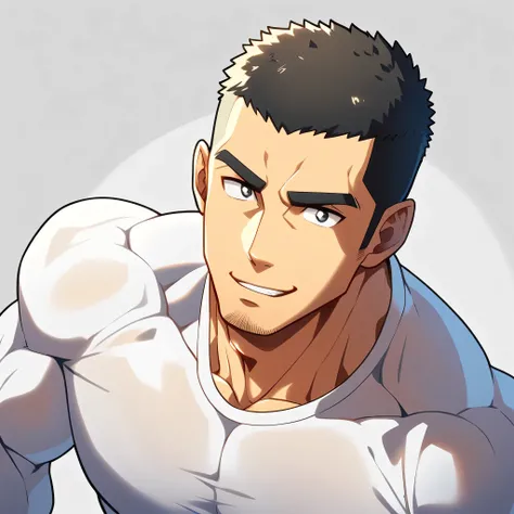 anime characters:Gyee, Muscle Sports Student, Buzz Cut, Manliness, male focus, Cute boy with big eyes, Mike White high collar long sleeve tight T-shirt, Slightly transparent material, Very tight, Round, full and perky chest muscles, Slightly transparent, m...