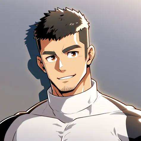 anime characters:Gyee, Muscle Sports Student, Buzz Cut, Manliness, male focus, Cute boy with big eyes, Mike White high collar long sleeve tight T-shirt, Slightly transparent material, Very tight, Round, full and perky chest muscles, Slightly transparent, m...