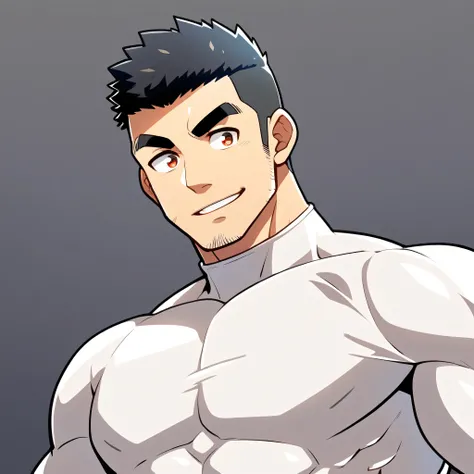 anime characters:Gyee, Muscle Sports Student, Manliness, male focus, Cute boy with big eyes, Mike White high collar long sleeve tight T-shirt, Slightly transparent material, Very tight, Round, full and perky chest muscles, Slightly transparent, muscular ma...