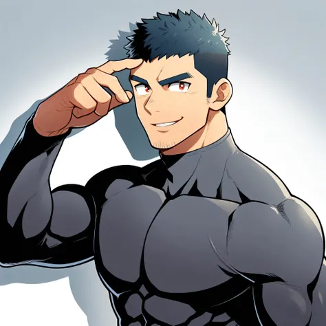 anime characters:Gyee, Muscle Sports Student, Manliness, male focus, Cute boy with big eyes, Mike White high collar long sleeve tight T-shirt, Slightly transparent material, Very tight, Round, full and perky chest muscles, Slightly transparent, muscular ma...