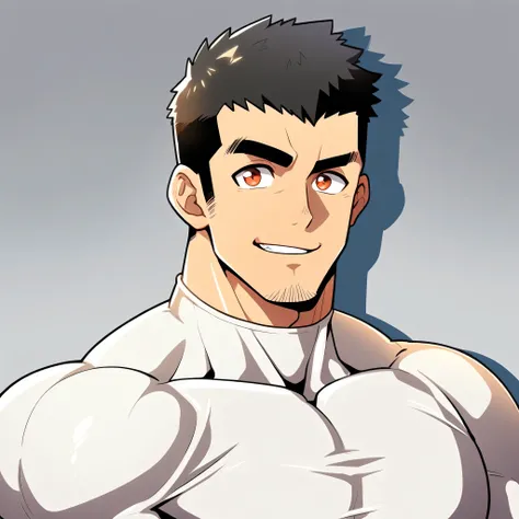 anime characters:Gyee, Muscle Sports Student, Manliness, male focus, Cute boy with big eyes, Mike White high collar long sleeve tight T-shirt, Slightly transparent material, Very tight, Round, full and perky chest muscles, Slightly transparent, muscular ma...