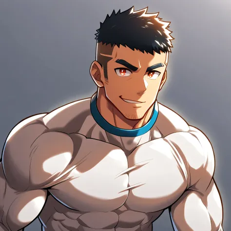 anime characters:Gyee, Muscle Sports Student, Manliness, male focus, Cute boy with big eyes, Mike White high collar long sleeve tight T-shirt, Slightly transparent material, Very tight, Round, full and perky chest muscles, Slightly transparent, muscular ma...