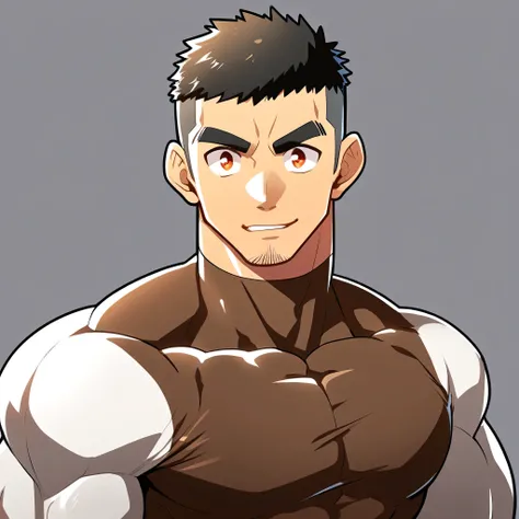 anime characters:Gyee, Muscle Sports Student, Manliness, male focus, Cute boy with big eyes, Brown high collar long sleeve tight T-shirt, Slightly transparent material, Very tight, Round, full and perky chest muscles, Slightly transparent, muscular male, m...