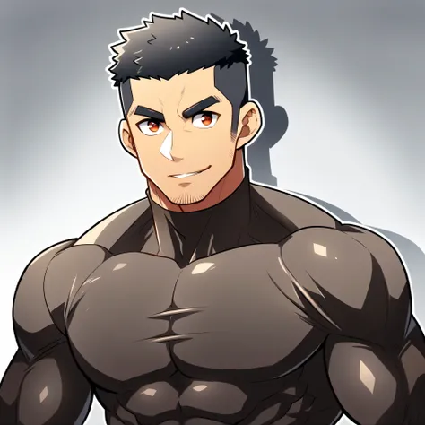 anime characters:Gyee, Muscle Sports Student, Manliness, male focus, Cute boy with big eyes, Brown high collar long sleeve tight T-shirt, Slightly transparent material, Very tight, Round, full and perky chest muscles, Slightly transparent, muscular male, m...
