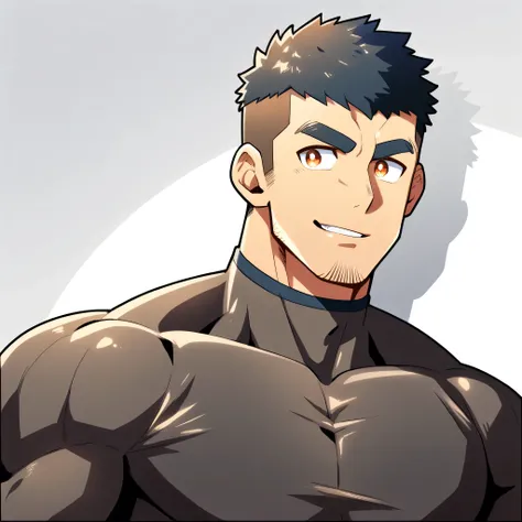 anime characters:Gyee, Muscle Sports Student, Manliness, male focus, Cute boy with big eyes, Brown high collar long sleeve tight T-shirt, Slightly transparent material, Very tight, Round, full and perky chest muscles, Slightly transparent, muscular male, m...