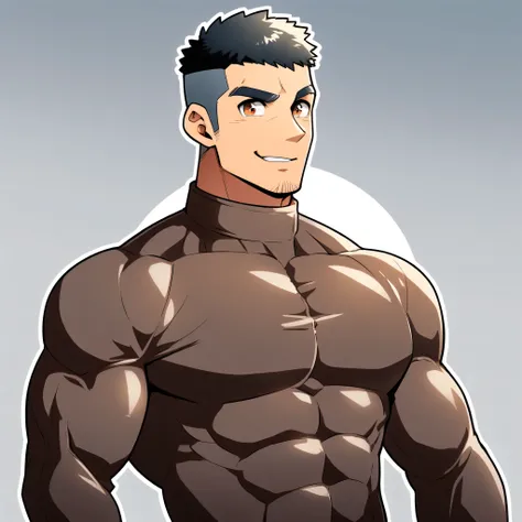 anime characters:Gyee, Muscle Sports Student, Manliness, male focus, Cute boy with big eyes, Brown high collar long sleeve tight T-shirt, Slightly transparent material, Very tight, Round, full and perky chest muscles, Slightly transparent, muscular male, m...