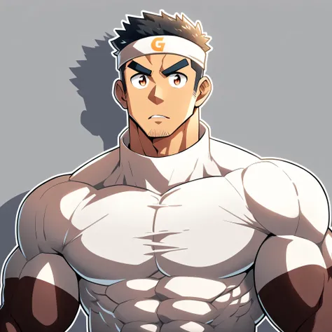 anime characters:Gyee, Muscle Sports Student, Manliness, sports headband, male focus, Cute boy with big eyes, Brown high collar long sleeve tight T-shirt, Slightly transparent material, Very tight, Round, full and perky chest muscles, Slightly transparent,...