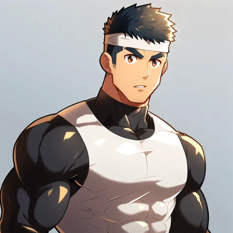 anime characters:Gyee, Muscle Sports Student, Manliness, sports headband, male focus, Cute boy with big eyes, Brown high collar long sleeve tight T-shirt, Slightly transparent material, Very tight, Round, full and perky chest muscles, Slightly transparent,...