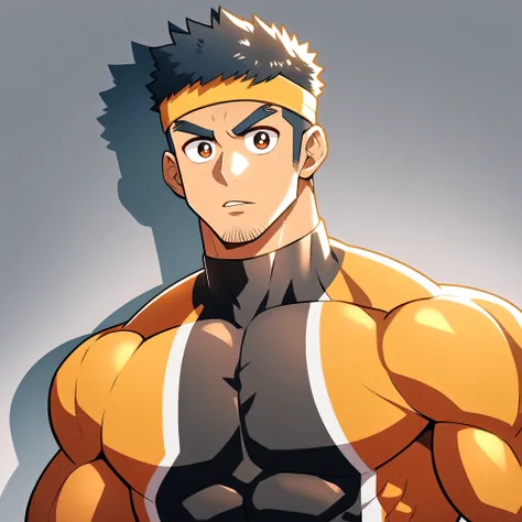 anime characters:Gyee, Muscle Sports Student, Manliness, sports headband, male focus, Cute boy with big eyes, Brown high collar long sleeve tight T-shirt, Slightly transparent material, Very tight, Round, full and perky chest muscles, Slightly transparent,...