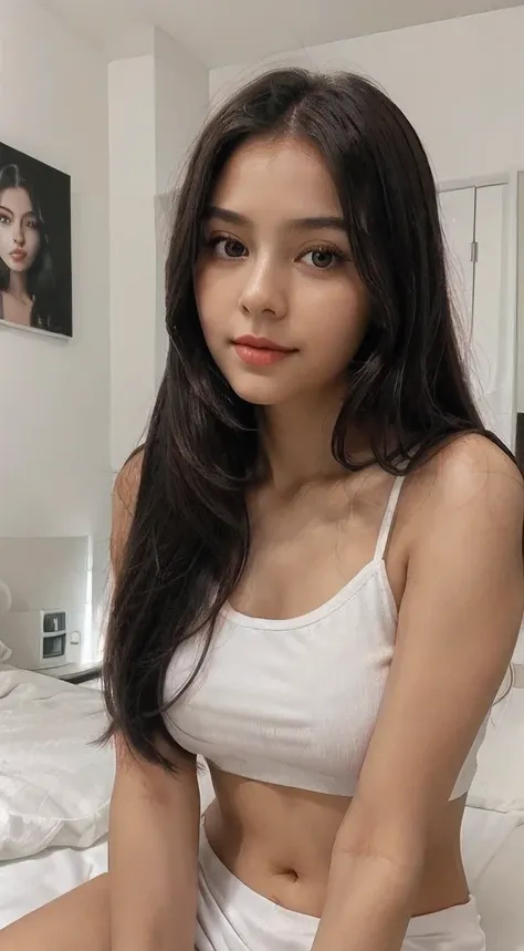 ((best qualtiy, 8K, tmasterpiece:1.3)), A pretty maiden,Pure,Melon seed face,gentle and cute,A sweet smile,Pure desire,Thin stature,(frontage),(Tilt your head),staring right into camera,Light gray top,(sweat shorts),Cropped shirt,Open navel,Short-sleeved,L...
