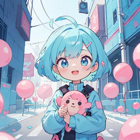 vibrant art,pop、bright、colorful, 1 female, light blue hair,　short hair、happy,cute, animation style, cute, clearly, colorful cybe...